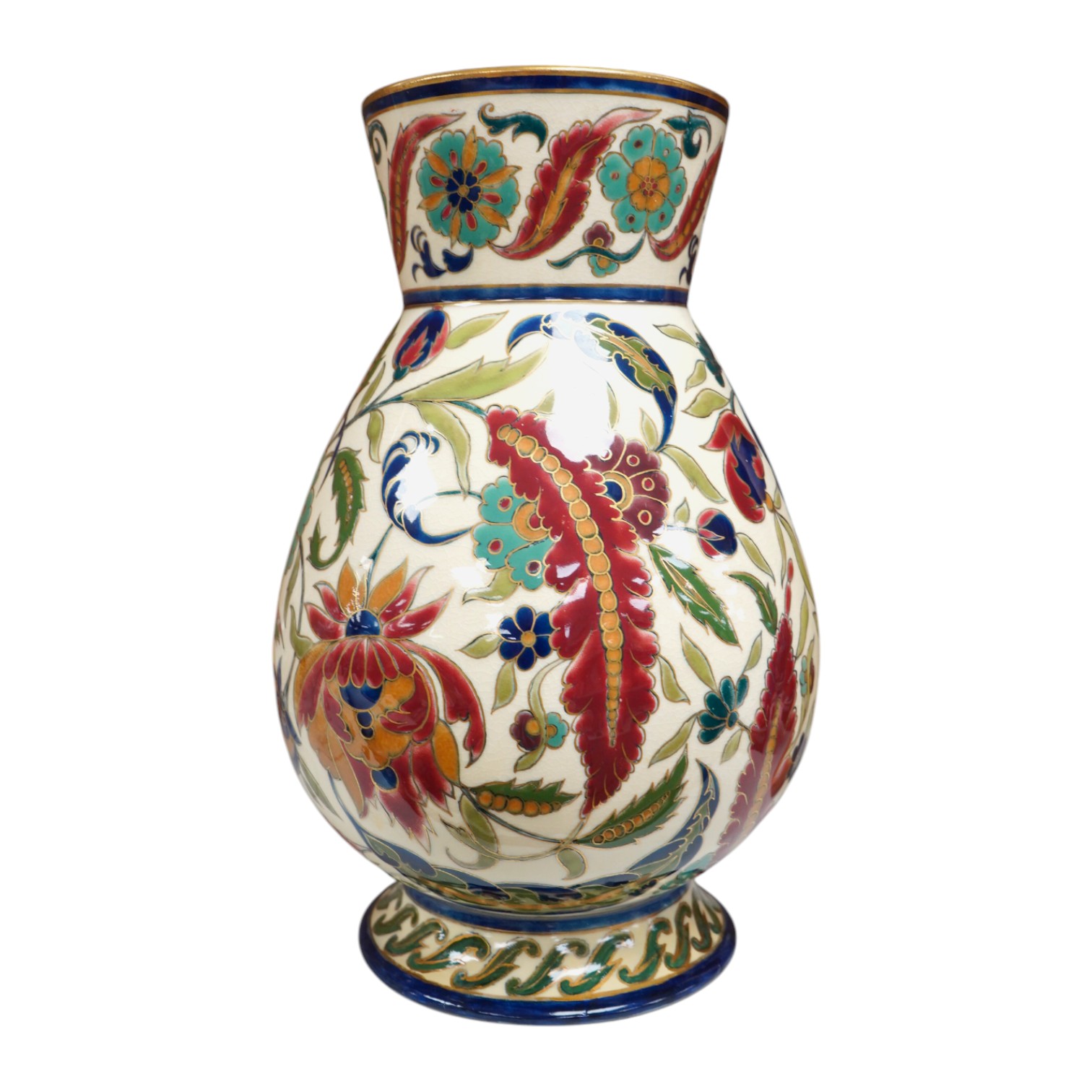 A large Hungarian Zsolnay floral vase, 32cm high. Condition - fair